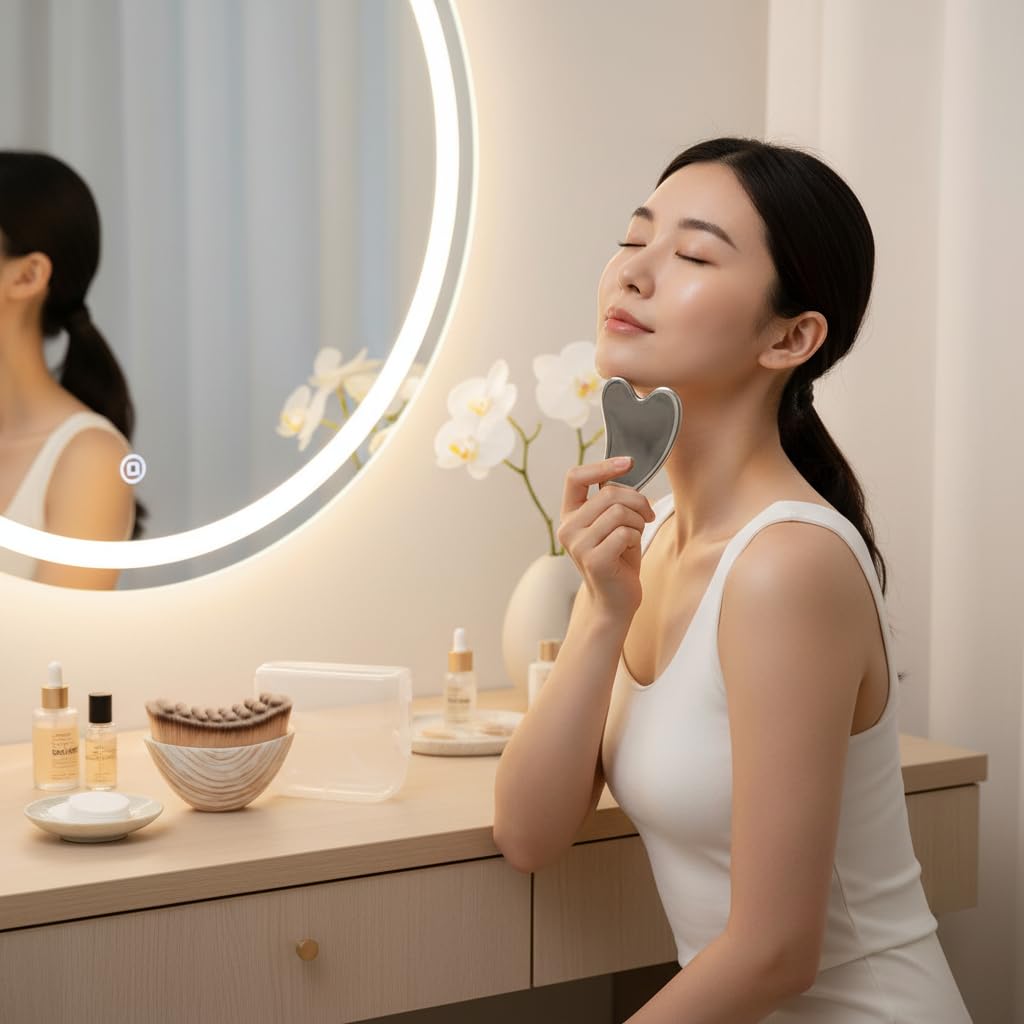 White Lymphatic Contour Brush for face with Stainless Steel Gua Sha Tool