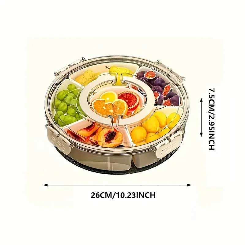 Divided Rotating Serving Tray with Lid and Handle, Portable Snackle Box for Fruits Snacks Veggie Charcuterie, Clear Snack Spinne
