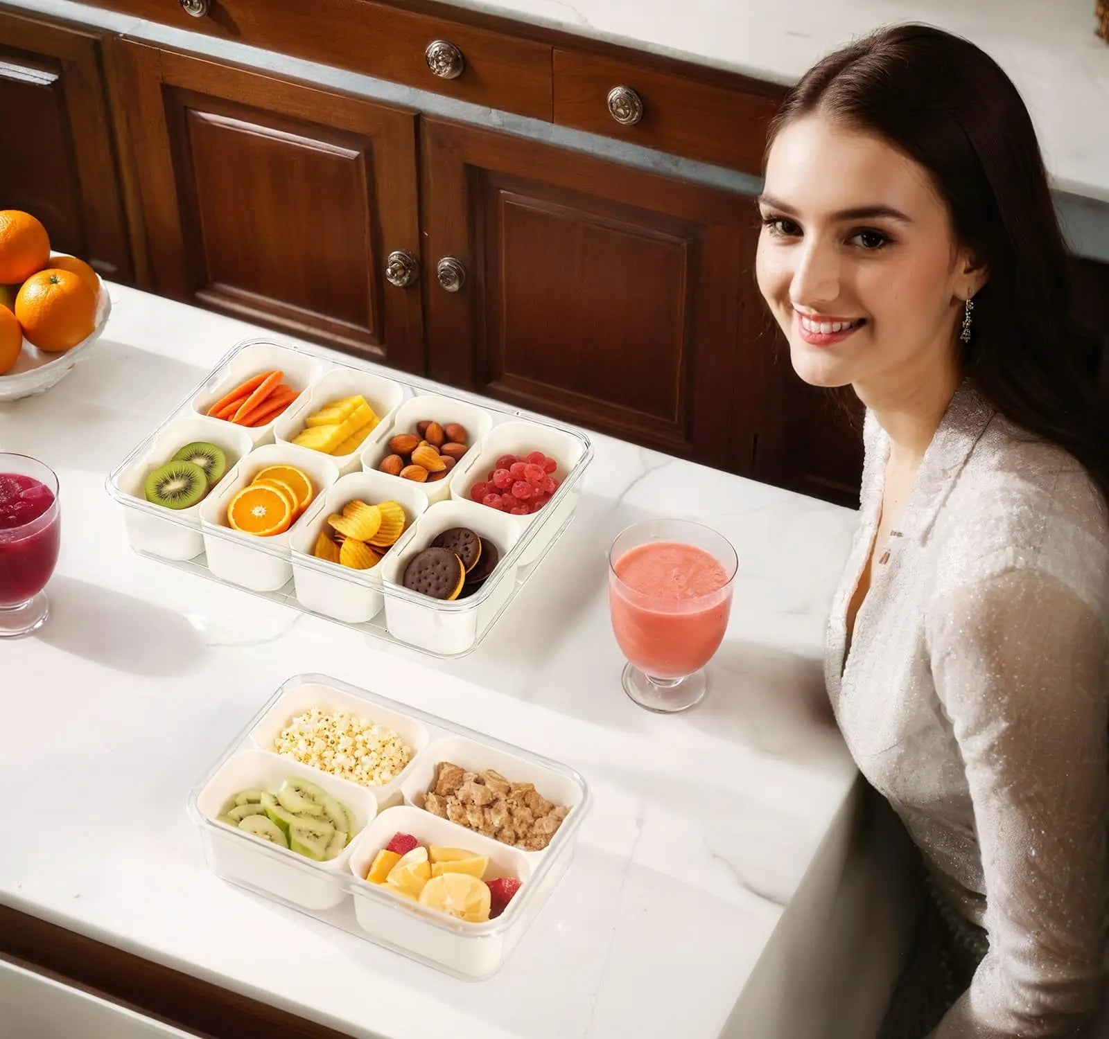 Firparadise Snackle Box Container with Lid and Handle Portable Snack Box 8 Compartment Divided Serving Tray Clear Storage Organizer