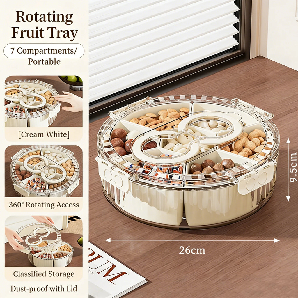 Divided Rotating Serving Tray with Lid and Handle, Portable Snackle Box for Fruits Snacks Veggie Charcuterie, Clear Snack Spinne