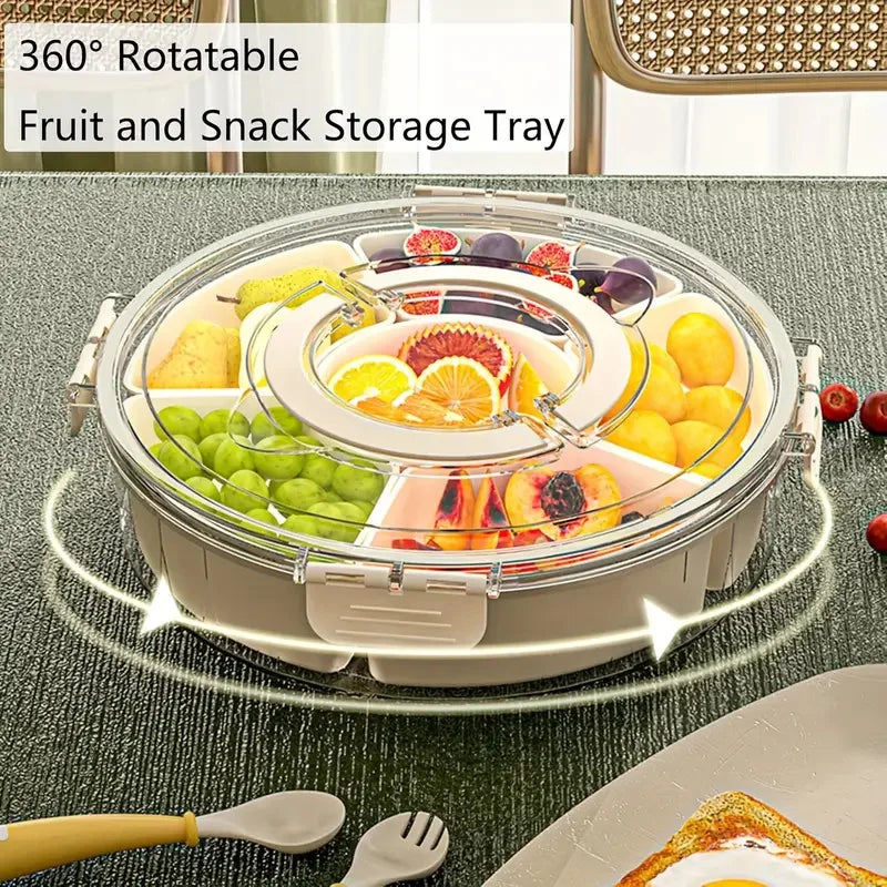 Divided Rotating Serving Tray with Lid and Handle, Portable Snackle Box for Fruits Snacks Veggie Charcuterie, Clear Snack Spinne