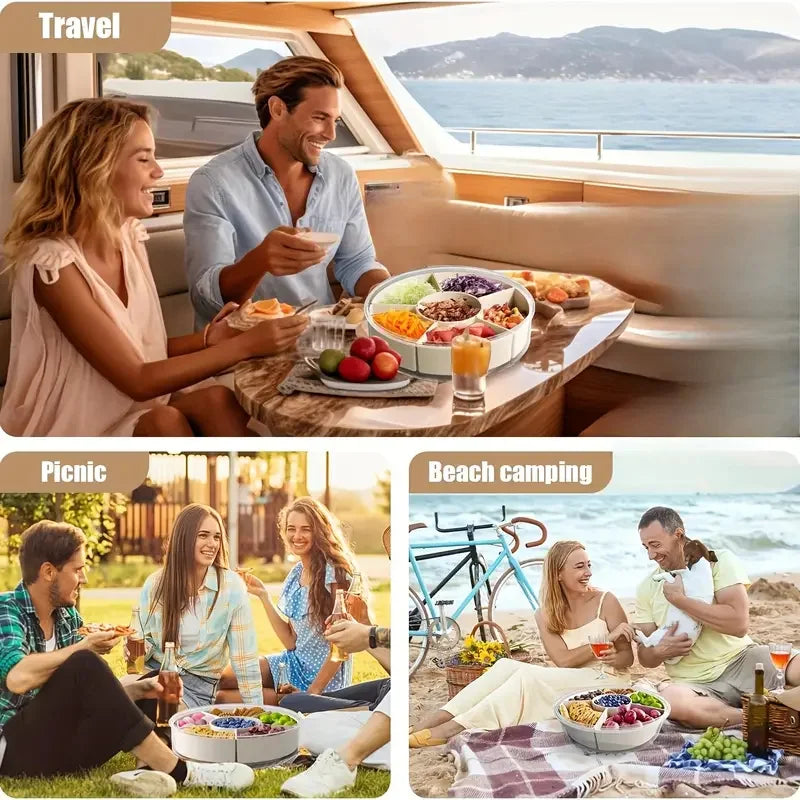 Divided Rotating Serving Tray with Lid and Handle, Portable Snackle Box for Fruits Snacks Veggie Charcuterie, Clear Snack Spinne