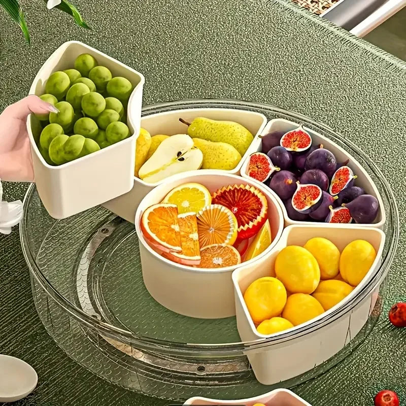 Divided Rotating Serving Tray with Lid and Handle, Portable Snackle Box for Fruits Snacks Veggie Charcuterie, Clear Snack Spinne
