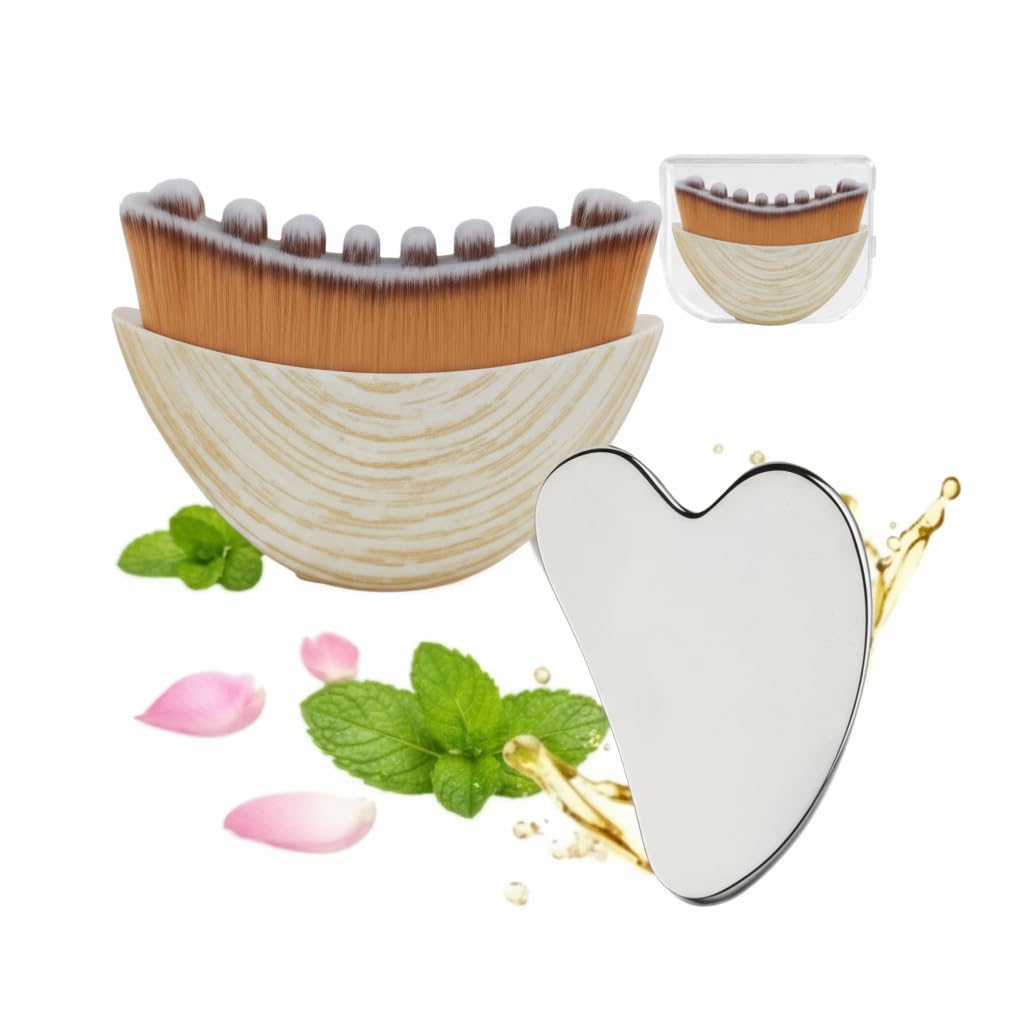 White Lymphatic Contour Brush for face with Stainless Steel Gua Sha Tool